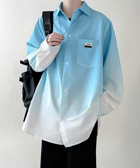 グラデーション長袖シャツメンズオーバー服 配色ステッチ オーバーサイズシャツ ビッグシルエット 男前シャツ 韓国風ライトアウター 春秋羽織りかっこいいストリート服 87MP-012