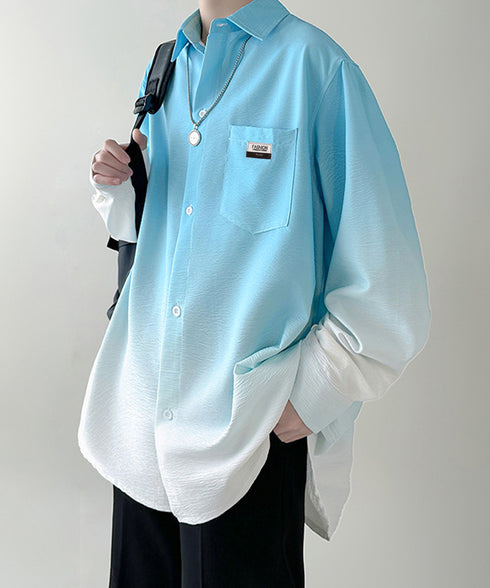 グラデーション長袖シャツメンズオーバー服 配色ステッチ オーバーサイズシャツ ビッグシルエット 男前シャツ 韓国風ライトアウター 春秋羽織りかっこいいストリート服 87MP-012