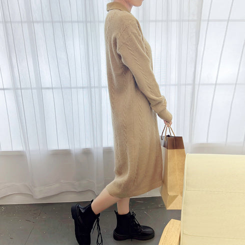ケーブル編み ニットワンピース 韓国秋冬 長袖ロングワンピース 体型カバー ドロップショルダー ゆったり ミディ丈ワンピース襟付き きれいめカジュアル 大人可愛い 87MRJ-004