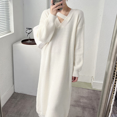 ニットワンピース レディース 韓国 秋冬 ネックストラップワンピース ドロップショルダーニット vネックワンピース 上品 ゆったりワンピース おしゃれ 体型カバー 87MRJ-007