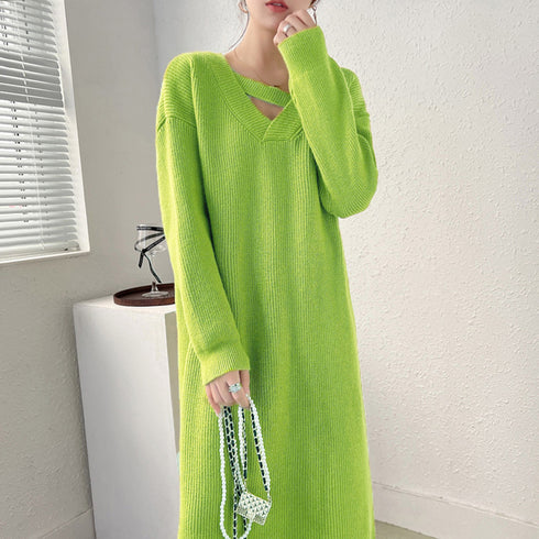 ニットワンピース レディース 韓国 秋冬 ネックストラップワンピース ドロップショルダーニット vネックワンピース 上品 ゆったりワンピース おしゃれ 体型カバー 87MRJ-007