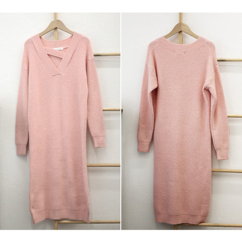 ニットワンピース レディース 韓国 秋冬 ネックストラップワンピース ドロップショルダーニット vネックワンピース 上品 ゆったりワンピース おしゃれ 体型カバー 87MRJ-007