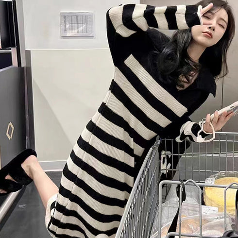 ボーダーワンピース 韓国 Vネックニット ドロップショルダー ニットワンピース きれいめカジュアル 体型カバー 膝丈ワンピ お出かけ バイカラー ロングワンピース 87MRJ-008