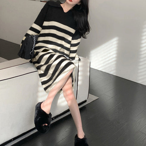 ボーダーワンピース 韓国 Vネックニット ドロップショルダー ニットワンピース きれいめカジュアル 体型カバー 膝丈ワンピ お出かけ バイカラー ロングワンピース 87MRJ-008