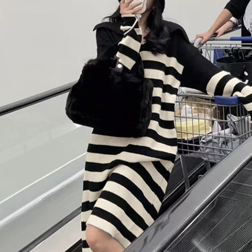 ボーダーワンピース 韓国 Vネックニット ドロップショルダー ニットワンピース きれいめカジュアル 体型カバー 膝丈ワンピ お出かけ バイカラー ロングワンピース 87MRJ-008