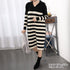 ボーダーワンピース 韓国 Vネックニット ドロップショルダー ニットワンピース きれいめカジュアル 体型カバー 膝丈ワンピ お出かけ バイカラー ロングワンピース 87MRJ-008