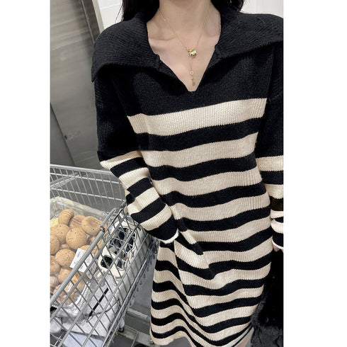 ボーダーワンピース 韓国 Vネックニット ドロップショルダー ニットワンピース きれいめカジュアル 体型カバー 膝丈ワンピ お出かけ バイカラー ロングワンピース 87MRJ-008