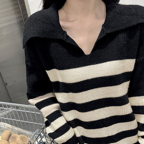 ボーダーワンピース 韓国 Vネックニット ドロップショルダー ニットワンピース きれいめカジュアル 体型カバー 膝丈ワンピ お出かけ バイカラー ロングワンピース 87MRJ-008