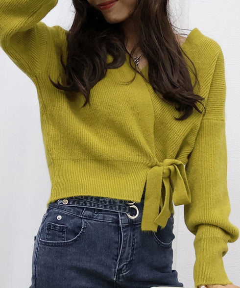 ニットトップス カシュクールニット 韓国 vネックニットセーター おしゃれ レディース きれいめ ドロップショルダーニット ウエストマークトップス エレガント秋冬 87MRJ-011