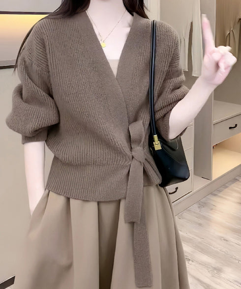 ニットトップス カシュクールニット 韓国 vネックニットセーター おしゃれ レディース きれいめ ドロップショルダーニット ウエストマークトップス エレガント秋冬 87MRJ-011