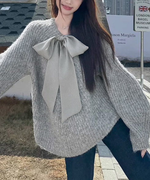 ビッグリボンタイニットプルオーバー韓国風 大人可愛い Vネックニットトップスきれいめ 前後2WAYリボン結びニット ゆったりローゲージニット おしゃれ柔らかニット 87MXR-001