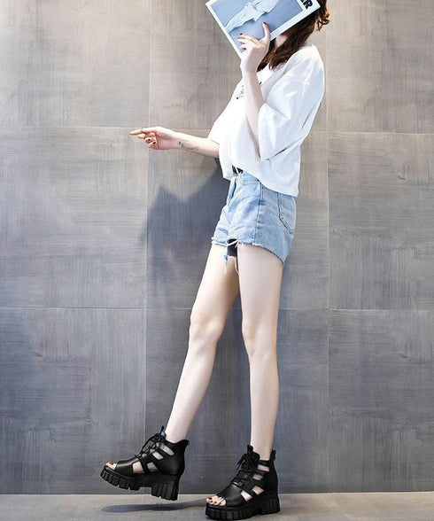 厚底グラディエーターサンダル レディース 歩きやすい厚底サンダル 美脚脚長 レースアップシューズ サマーブーツサンダル ハイカットサンダル編み上げ 痛くない 韓国 87OMS-001