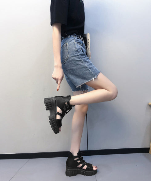 厚底グラディエーターサンダル レディース 歩きやすい厚底サンダル 美脚脚長 レースアップシューズ サマーブーツサンダル ハイカットサンダル編み上げ 痛くない 韓国 87OMS-001