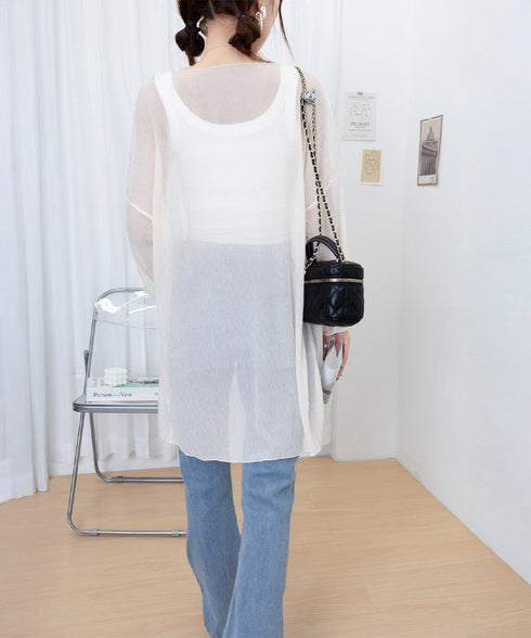 シアーロングカーディガン フレア袖羽織り レディース シースルー トッパーカーディガン 紫外線対策 シフォンカーディガン 肌見せ 日よけ 透け感 夏アウター薄手 87PY-001