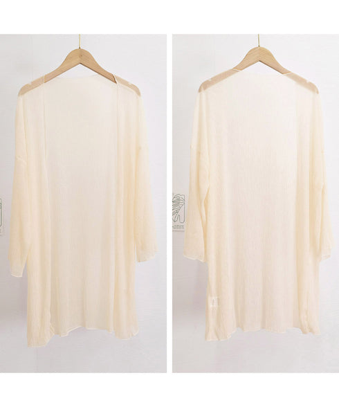 シアーロングカーディガン フレア袖羽織り レディース シースルー トッパーカーディガン 紫外線対策 シフォンカーディガン 肌見せ 日よけ 透け感 夏アウター薄手 87PY-001