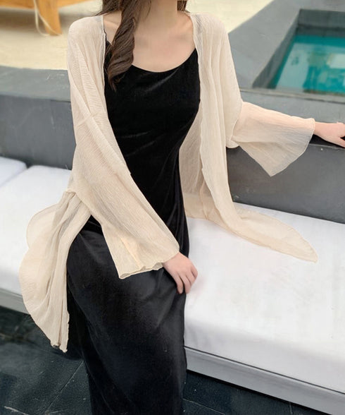 シアーロングカーディガン フレア袖羽織り レディース シースルー トッパーカーディガン 紫外線対策 シフォンカーディガン 肌見せ 日よけ 透け感 夏アウター薄手 87PY-001