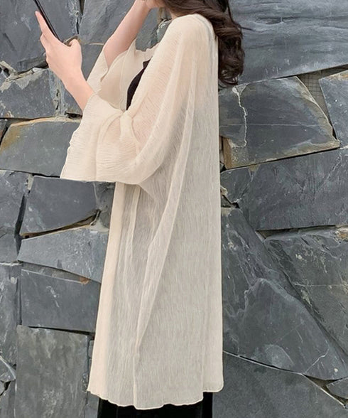 シアーロングカーディガン フレア袖羽織り レディース シースルー トッパーカーディガン 紫外線対策 シフォンカーディガン 肌見せ 日よけ 透け感 夏アウター薄手 87PY-001