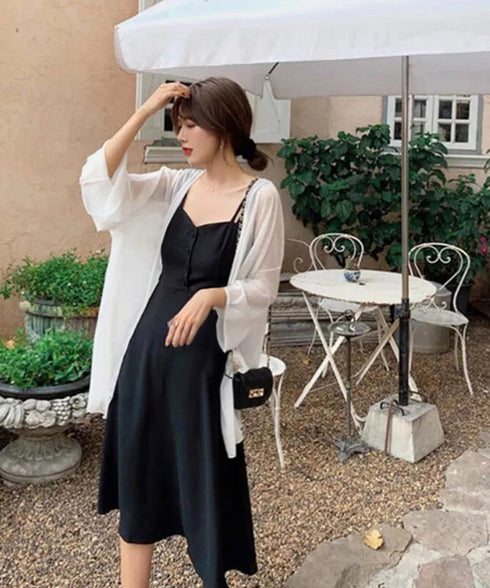 シアーロングカーディガン フレア袖羽織り レディース シースルー トッパーカーディガン 紫外線対策 シフォンカーディガン 肌見せ 日よけ 透け感 夏アウター薄手 87PY-001