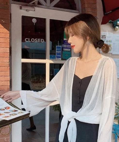 シアーロングカーディガン フレア袖羽織り レディース シースルー トッパーカーディガン 紫外線対策 シフォンカーディガン 肌見せ 日よけ 透け感 夏アウター薄手 87PY-001