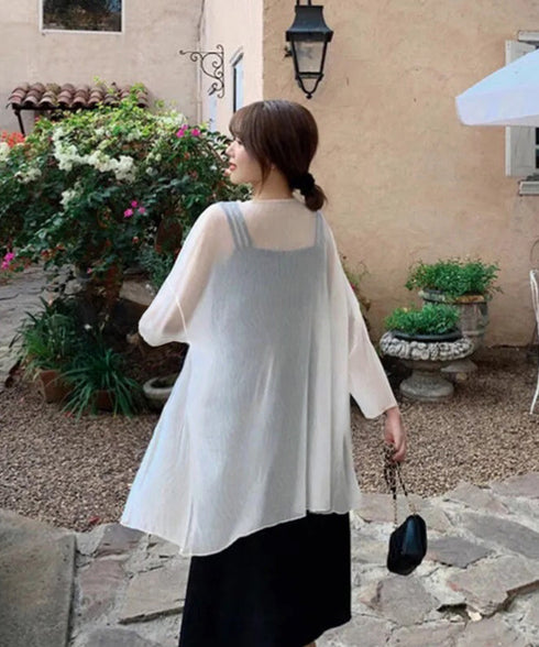 シアーロングカーディガン フレア袖羽織り レディース シースルー トッパーカーディガン 紫外線対策 シフォンカーディガン 肌見せ 日よけ 透け感 夏アウター薄手 87PY-001