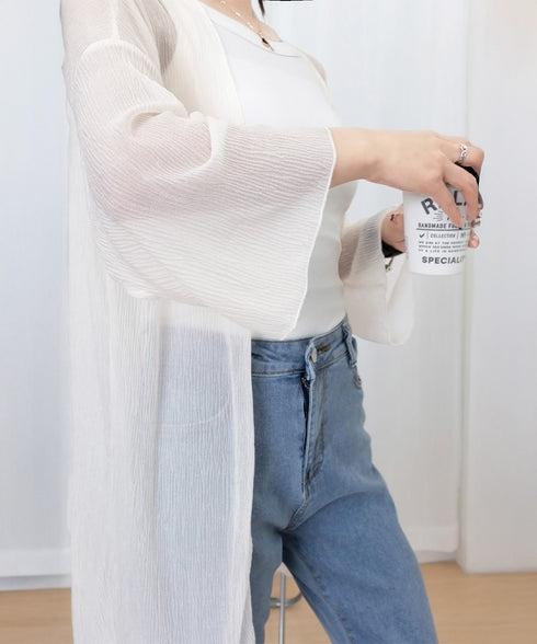 シアーロングカーディガン フレア袖羽織り レディース シースルー トッパーカーディガン 紫外線対策 シフォンカーディガン 肌見せ 日よけ 透け感 夏アウター薄手 87PY-001