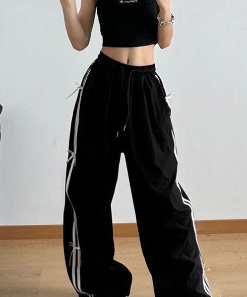 サイドラインパンツ夏服薄手トラックパンツ リボン速乾ドライパンツ ウエストゴムジャージパンツレディースゆったりイージーパンツストリート美脚ボトムス体型カバー韓国風 87RUIRUI-001