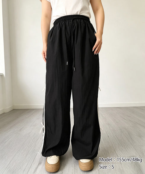 サイドラインパンツ夏服薄手トラックパンツ リボン速乾ドライパンツ ウエストゴムジャージパンツレディースゆったりイージーパンツストリート美脚ボトムス体型カバー韓国風 87RUIRUI-001