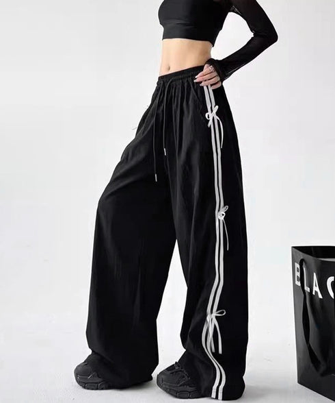 サイドラインパンツ夏服薄手トラックパンツ リボン速乾ドライパンツ ウエストゴムジャージパンツレディースゆったりイージーパンツストリート美脚ボトムス体型カバー韓国風 87RUIRUI-001