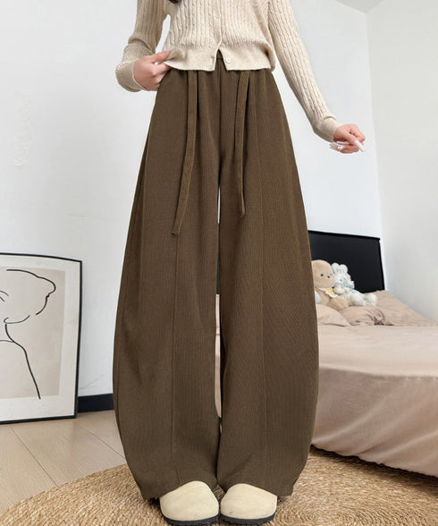 ワイドカーブパンツレディースワイドパンツ ハイウエストポケット付きバナナパンツ ドロストアーチパンツ ゆるイージーパンツ美脚厚手ニットパンツ着やせ秋冬ウエストゴム 87RUITONG-001