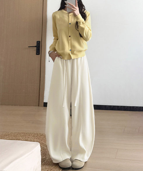 ワイドカーブパンツレディースワイドパンツ ハイウエストポケット付きバナナパンツ ドロストアーチパンツ ゆるイージーパンツ美脚厚手ニットパンツ着やせ秋冬ウエストゴム 87RUITONG-001