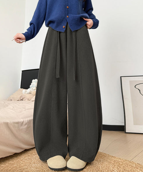 ワイドカーブパンツレディースワイドパンツ ハイウエストポケット付きバナナパンツ ドロストアーチパンツ ゆるイージーパンツ美脚厚手ニットパンツ着やせ秋冬ウエストゴム 87RUITONG-001