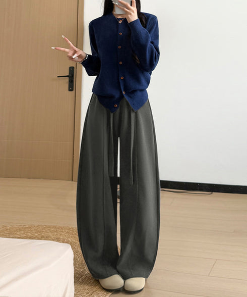 ワイドカーブパンツレディースワイドパンツ ハイウエストポケット付きバナナパンツ ドロストアーチパンツ ゆるイージーパンツ美脚厚手ニットパンツ着やせ秋冬ウエストゴム 87RUITONG-001