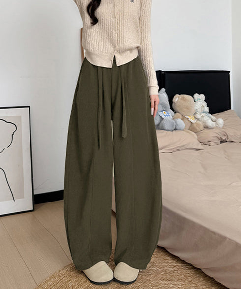 ワイドカーブパンツレディースワイドパンツ ハイウエストポケット付きバナナパンツ ドロストアーチパンツ ゆるイージーパンツ美脚厚手ニットパンツ着やせ秋冬ウエストゴム 87RUITONG-001