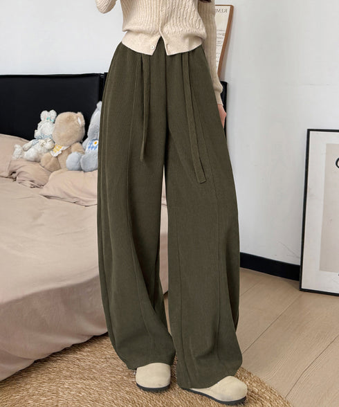 ワイドカーブパンツレディースワイドパンツ ハイウエストポケット付きバナナパンツ ドロストアーチパンツ ゆるイージーパンツ美脚厚手ニットパンツ着やせ秋冬ウエストゴム 87RUITONG-001