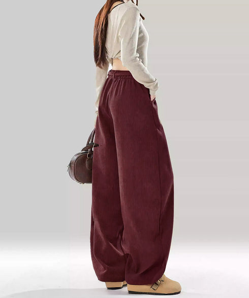 ワイドカーブパンツレディースワイドパンツ ハイウエストポケット付きバナナパンツ ドロストアーチパンツ ゆるイージーパンツ美脚厚手ニットパンツ着やせ秋冬ウエストゴム 87RUITONG-001