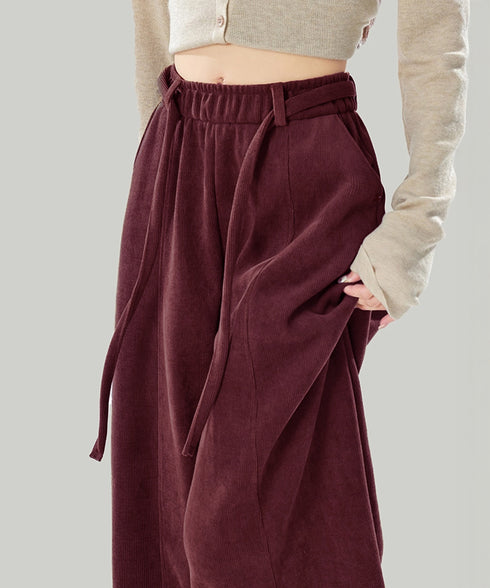 ワイドカーブパンツレディースワイドパンツ ハイウエストポケット付きバナナパンツ ドロストアーチパンツ ゆるイージーパンツ美脚厚手ニットパンツ着やせ秋冬ウエストゴム 87RUITONG-001