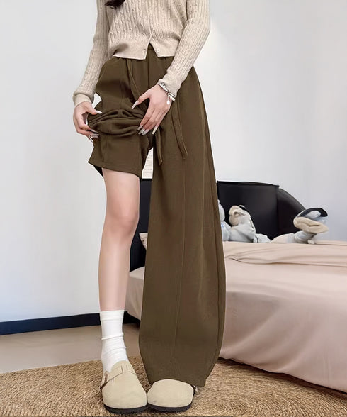 ワイドカーブパンツレディースワイドパンツ ハイウエストポケット付きバナナパンツ ドロストアーチパンツ ゆるイージーパンツ美脚厚手ニットパンツ着やせ秋冬ウエストゴム 87RUITONG-001