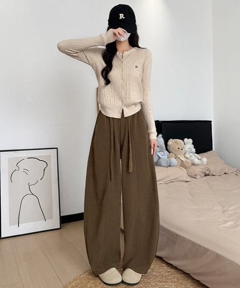 ワイドカーブパンツレディースワイドパンツ ハイウエストポケット付きバナナパンツ ドロストアーチパンツ ゆるイージーパンツ美脚厚手ニットパンツ着やせ秋冬ウエストゴム 87RUITONG-001