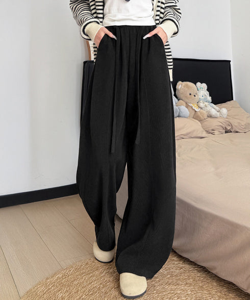 ワイドカーブパンツレディースワイドパンツ ハイウエストポケット付きバナナパンツ ドロストアーチパンツ ゆるイージーパンツ美脚厚手ニットパンツ着やせ秋冬ウエストゴム 87RUITONG-001