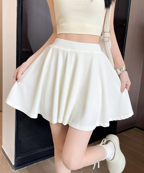 インナーパンツ付きミニスカートレディース 韓国風サーキュラースカート春夏 ウエストゴムフレアスカート 無地スカートシンプルおしゃれ 大人可愛いスカートチラ見え防止 87SHILI-001