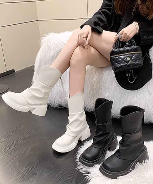 厚底ショートブーツ 太ヒール 韓国秋冬靴 おしゃれナウシカブーツ バックファスナー ミドルブーツ レディース 美脚脚長ブーティ 歩きやすい ラウンドトゥ 疲れない 87SHP-001