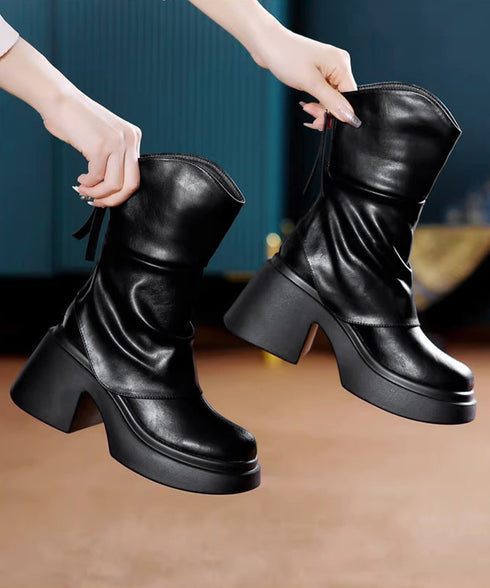 厚底ショートブーツ 太ヒール 韓国秋冬靴 おしゃれナウシカブーツ バックファスナー ミドルブーツ レディース 美脚脚長ブーティ 歩きやすい ラウンドトゥ 疲れない 87SHP-001