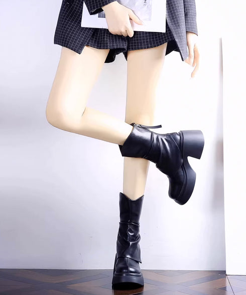 厚底ショートブーツ 太ヒール 韓国秋冬靴 おしゃれナウシカブーツ バックファスナー ミドルブーツ レディース 美脚脚長ブーティ 歩きやすい ラウンドトゥ 疲れない 87SHP-001