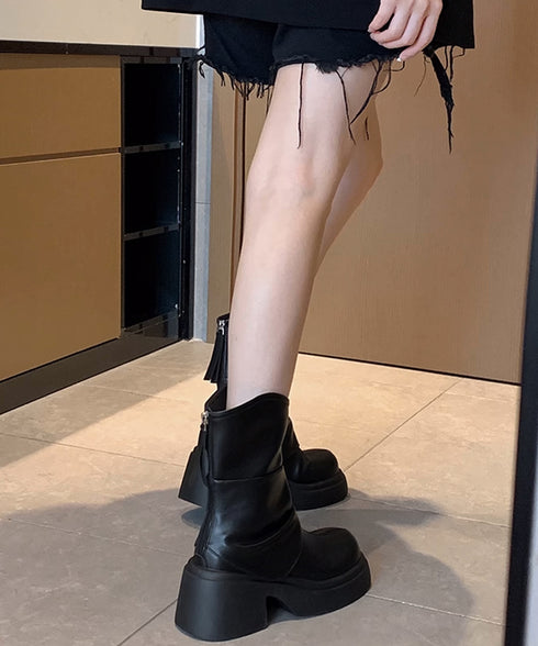 厚底ショートブーツ 太ヒール 韓国秋冬靴 おしゃれナウシカブーツ バックファスナー ミドルブーツ レディース 美脚脚長ブーティ 歩きやすい ラウンドトゥ 疲れない 87SHP-001