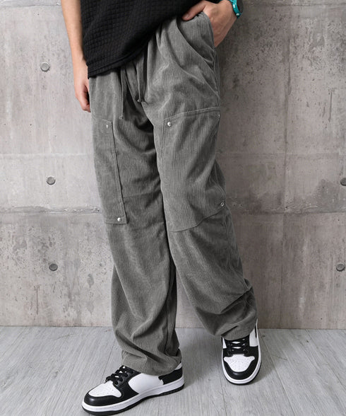 コーデュロイワイドパンツリブカーゴパンツ ウエストゴムイージーパンツメンズ カジュアルストレートボトムス ワークパンツゆったりリラックスパンツかっこいい男服お洒落 87SHSH-001