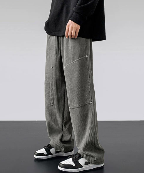 コーデュロイワイドパンツリブカーゴパンツ ウエストゴムイージーパンツメンズ カジュアルストレートボトムス ワークパンツゆったりリラックスパンツかっこいい男服お洒落 87SHSH-001