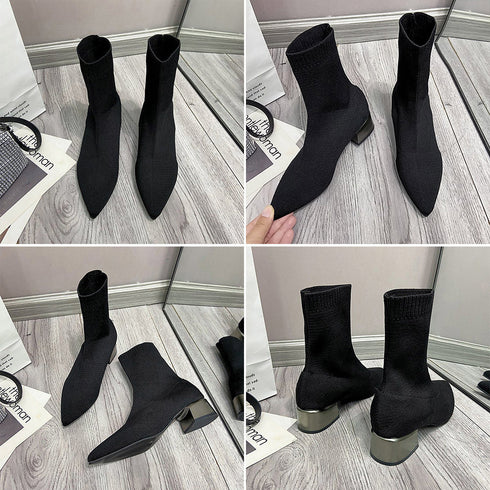 ストレッチブーツレディースショートブーツ 韓国 ポインテッドトゥ ソックスブーツ 歩きやすいニットブーツ きれいめブーティチャンキーヒールシューズ 痛くない秋冬靴 87TTMY-003