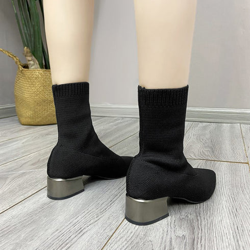ストレッチブーツレディースショートブーツ 韓国 ポインテッドトゥ ソックスブーツ 歩きやすいニットブーツ きれいめブーティチャンキーヒールシューズ 痛くない秋冬靴 87TTMY-003