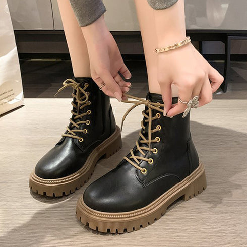 厚底ショートブーツ 韓国 編み上げブーツ トラックソールブーツ レディース 歩きやすいレースアップシューズ 痛くないアンクルブーツ サイドファスナー カジュアル靴 87TTMY-004