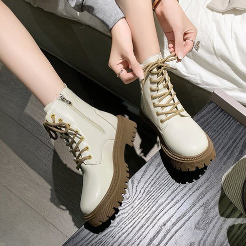 厚底ショートブーツ 韓国 編み上げブーツ トラックソールブーツ レディース 歩きやすいレースアップシューズ 痛くないアンクルブーツ サイドファスナー カジュアル靴 87TTMY-004
